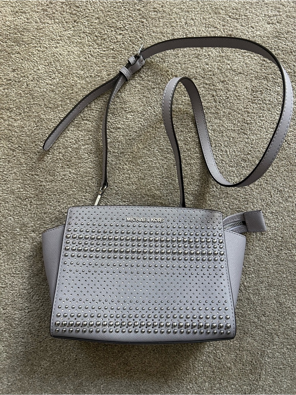 Michael Kors lavender leather crossbody purse with silver rounded studs